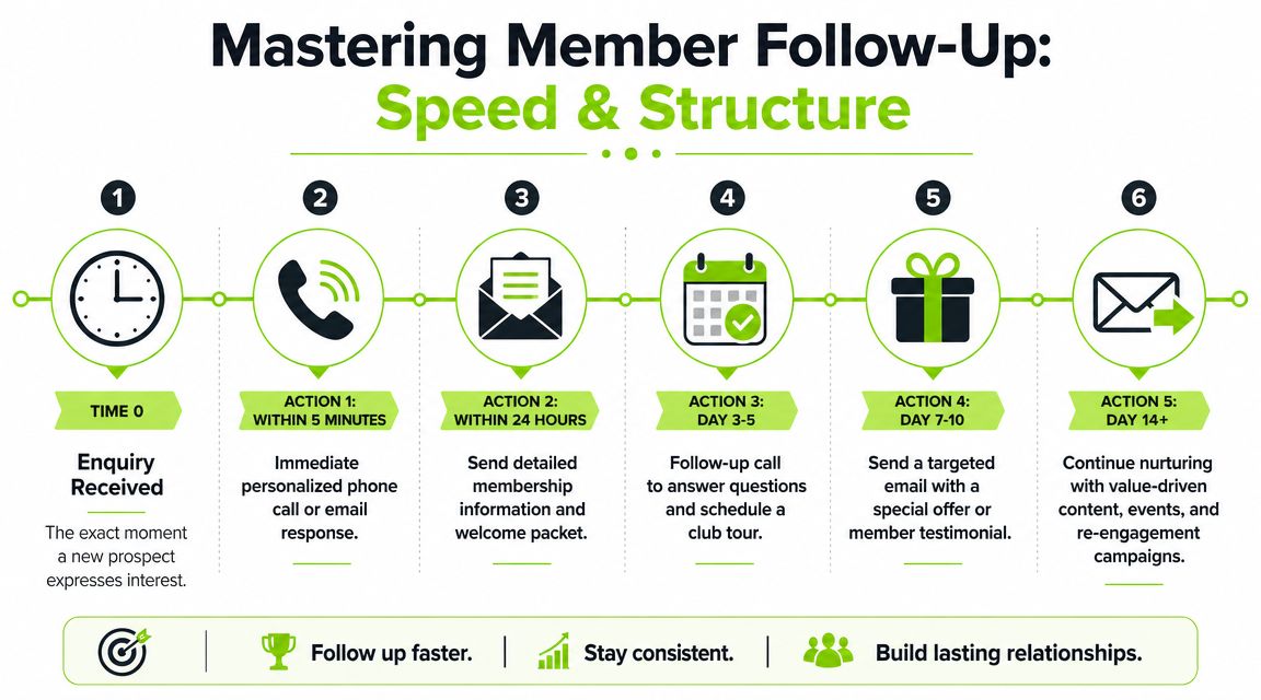 A six-step infographic guide detailing the optimal timeline and strategy for following up with new membership enquiries.