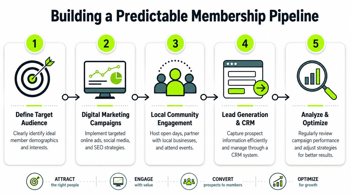 A five-step flowchart illustrating strategies for building a predictable membership pipeline for growing organizations.