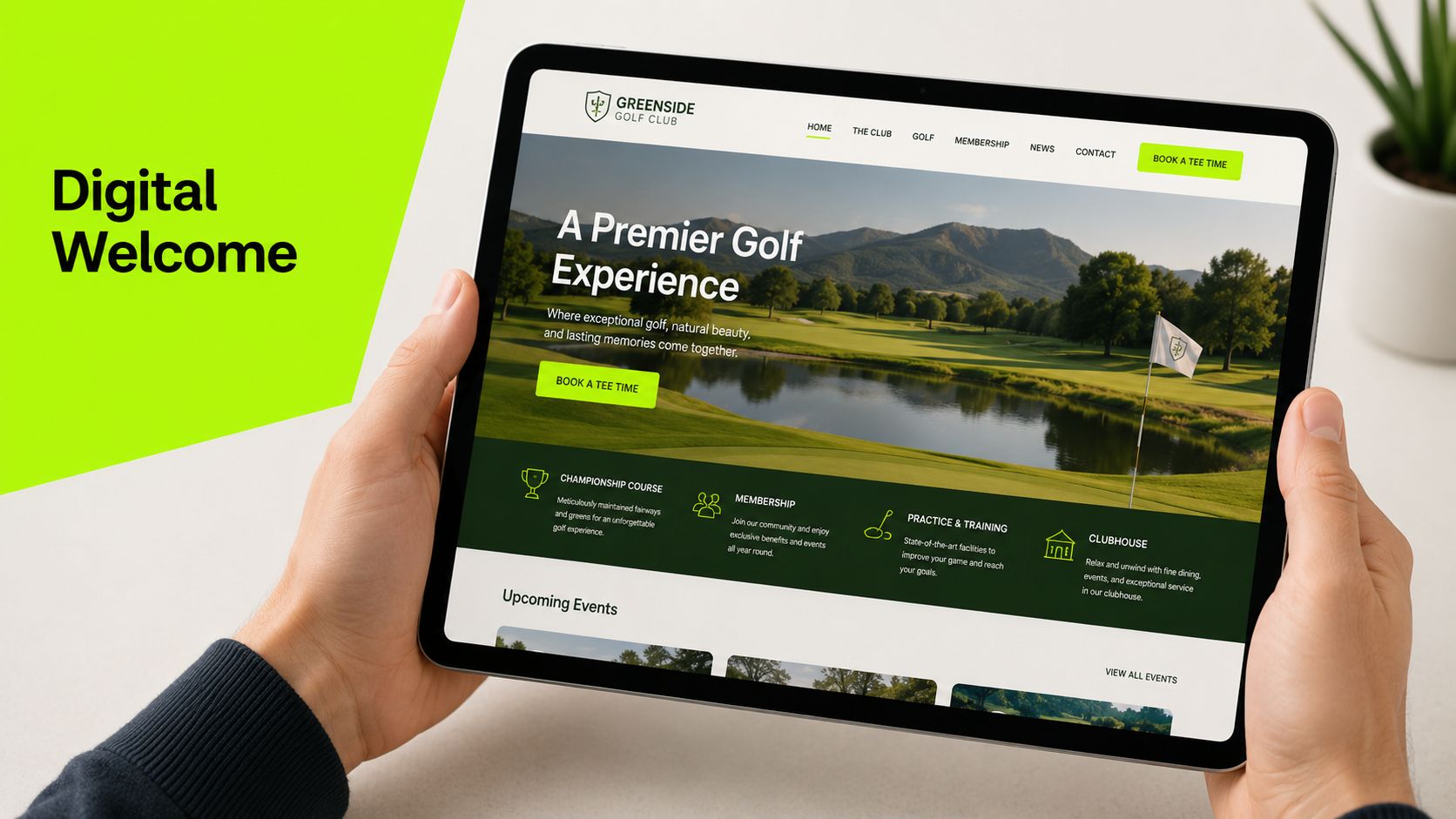 A digital tablet displaying the Greinside Golf Club website on a screen held by a person.