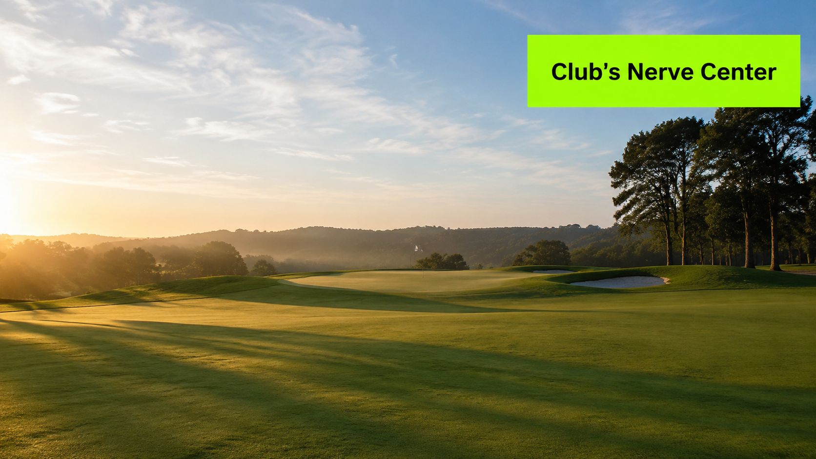 A serene golf course landscape at sunrise with trees and distant hills under a clear sky.