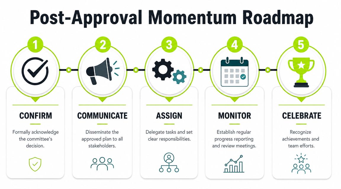 A process infographic titled Post-Approval Momentum Roadmap displaying five steps: confirm, communicate, assign, monitor, and celebrate.