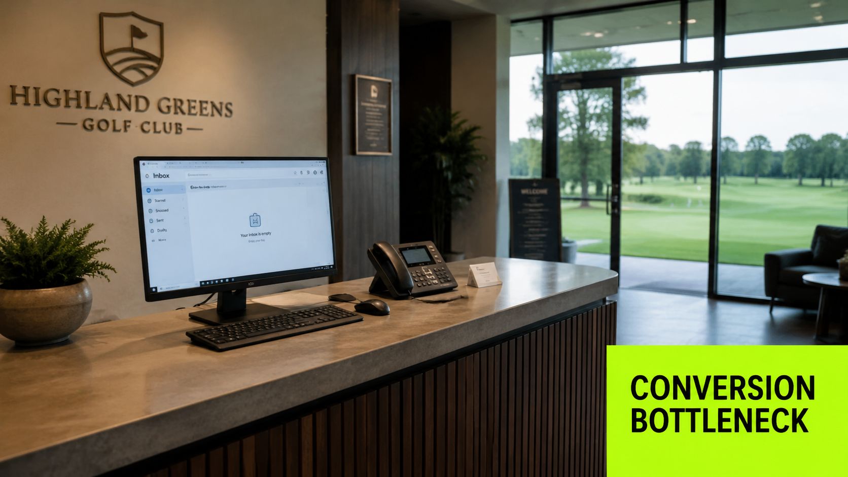A modern golf club reception desk with a computer displaying an empty email inbox for task management.