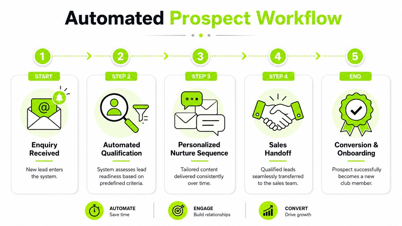 A five-step flowchart illustrating an automated prospect workflow for lead qualification, nurturing, sales handoff, and club membership onboarding.