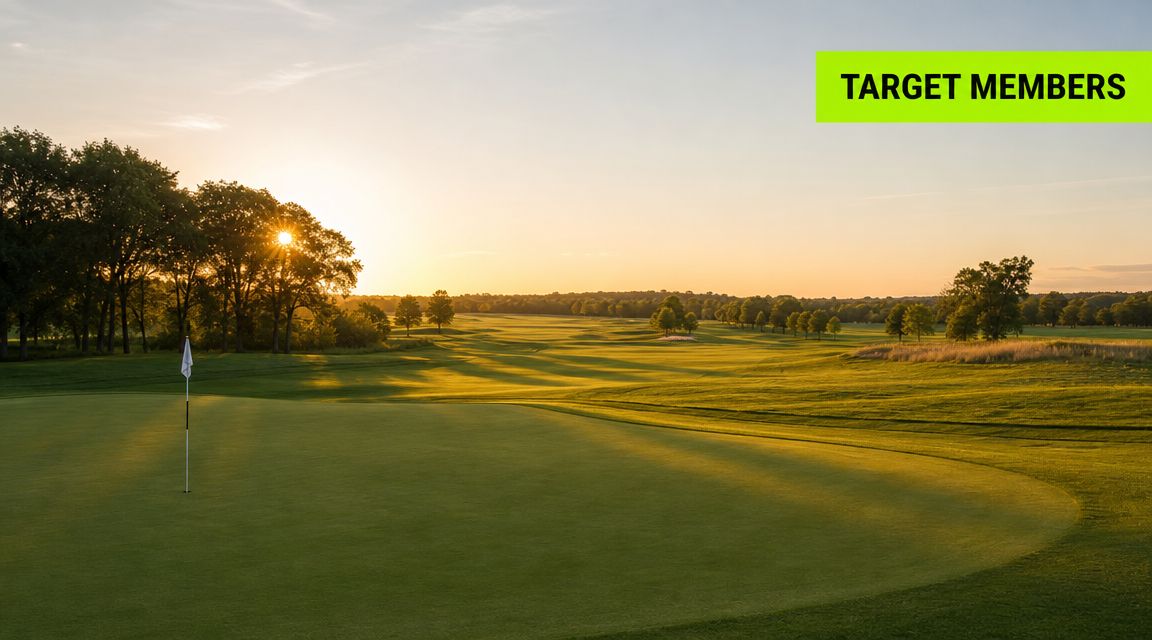 A scenic view of a vast green golf course at sunset with a flagstick in the foreground.