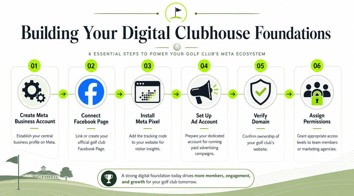 An infographic showing six essential steps for building a golf club's digital Meta business foundation.