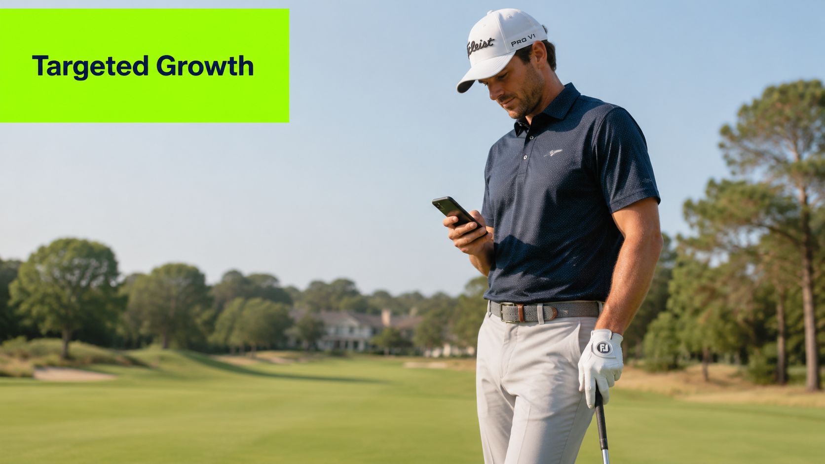 A professional golfer standing on a sunny golf course checking his smartphone with a focused expression.