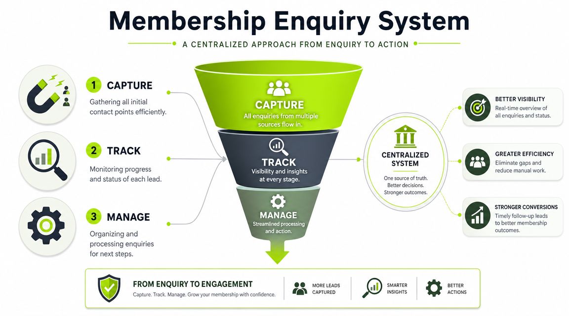 A diagram illustrating a membership enquiry system with three stages: capture, track, and manage leads effectively.