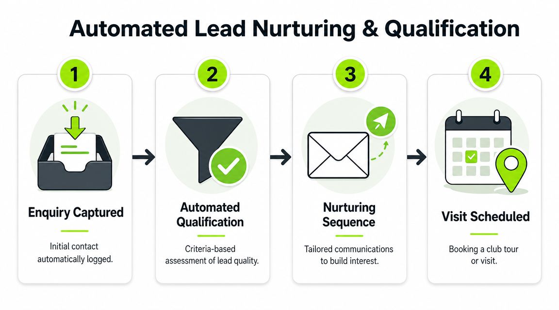 A four-step infographic illustrating the automated lead nurturing and qualification process for club memberships.