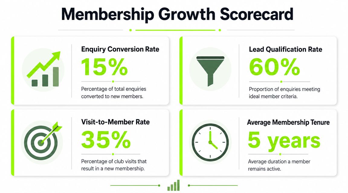 A scorecard showing four key membership growth metrics for a golf club including conversion and tenure rates.