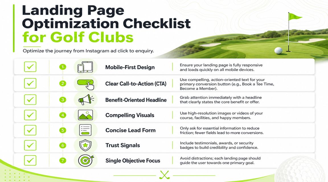 A checklist for optimizing golf club landing pages specifically for traffic coming from Instagram advertisements.