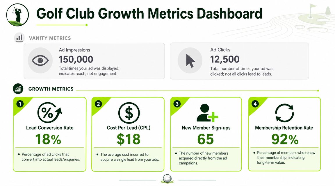 A Golf Club Growth Metrics dashboard showing ad impressions, clicks, lead conversion rate, and membership retention.