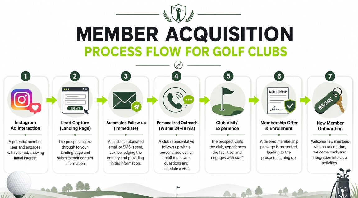 A 7-step process flow infographic explaining how golf clubs can acquire new members through digital marketing.