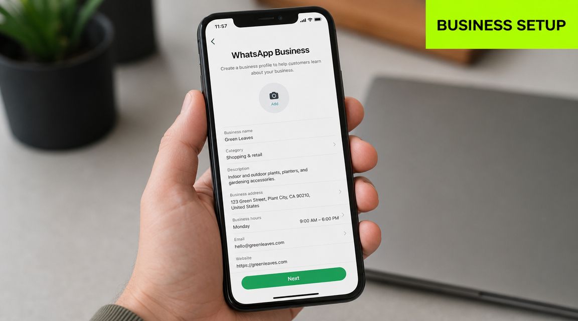 A hand holding a smartphone displaying the WhatsApp Business profile setup screen for a shop.