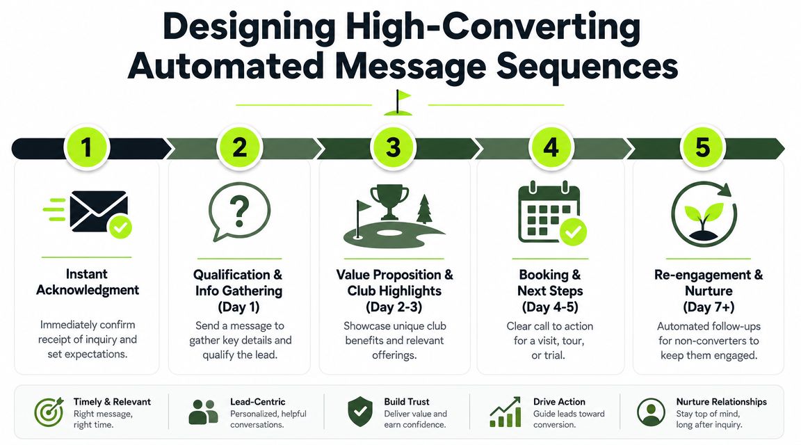 A five-step guide on designing high-converting automated message sequences for golf club lead generation and follow-up.