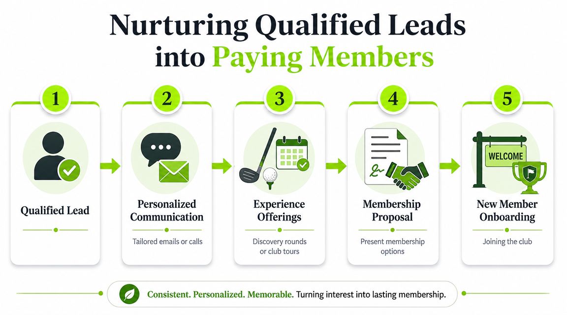 A five-step flowchart illustrating the process of nurturing qualified leads into paying golf club members.