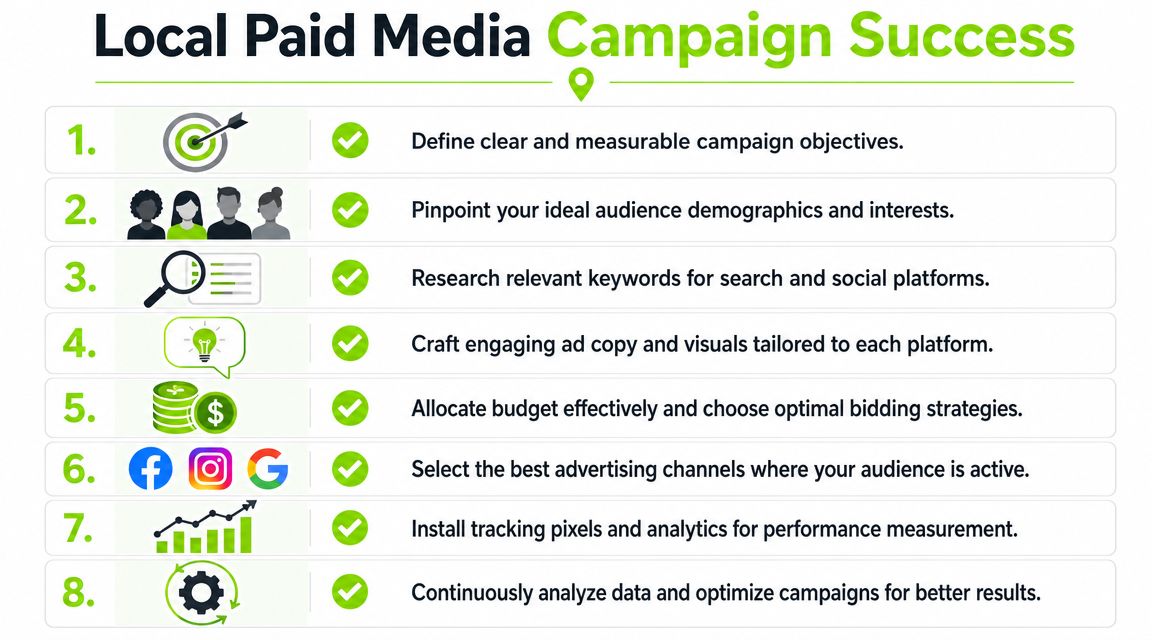 An infographic titled Local Paid Media Campaign Success listing eight essential steps for effective online advertising campaigns.