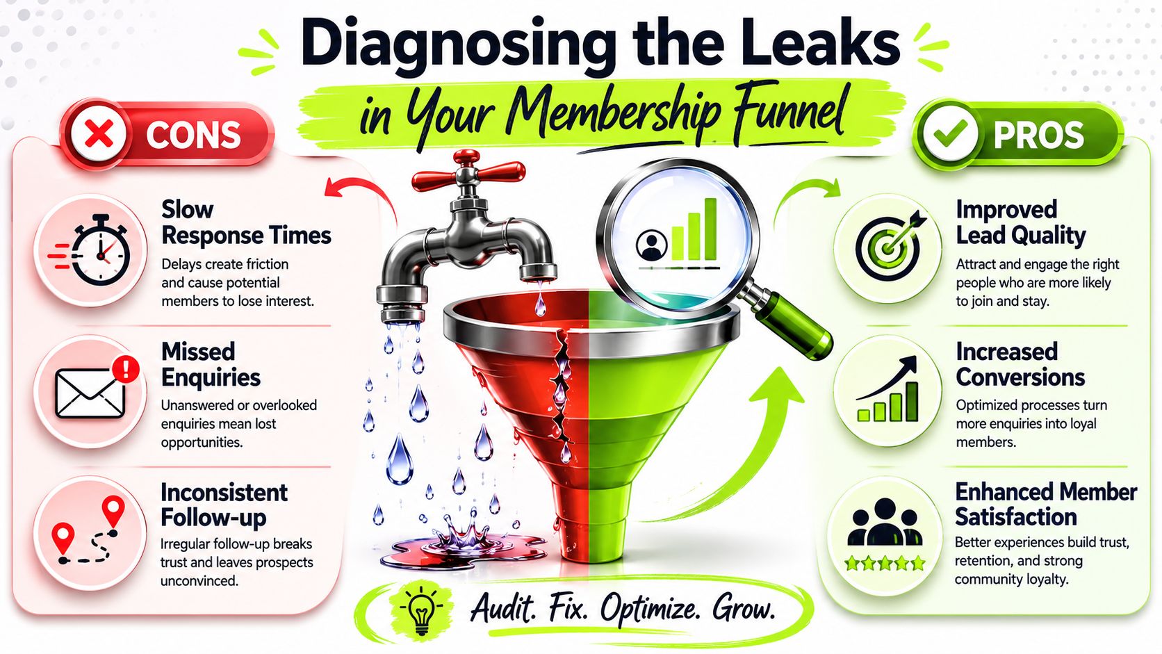 A diagnostic chart illustrating the pros and cons of membership sales funnels for business growth and optimization.