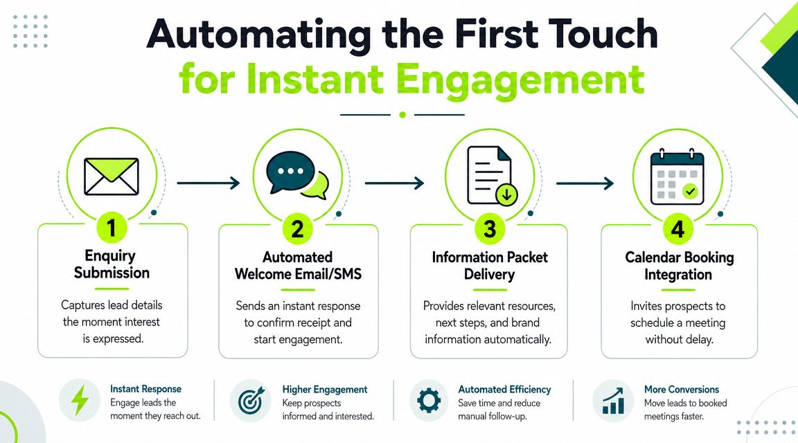 A four-step infographic illustrating an automated lead engagement process for business marketing and sales conversion.