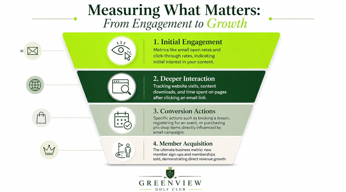 A marketing funnel infographic illustrating how email engagement leads to golf club membership growth and revenue.