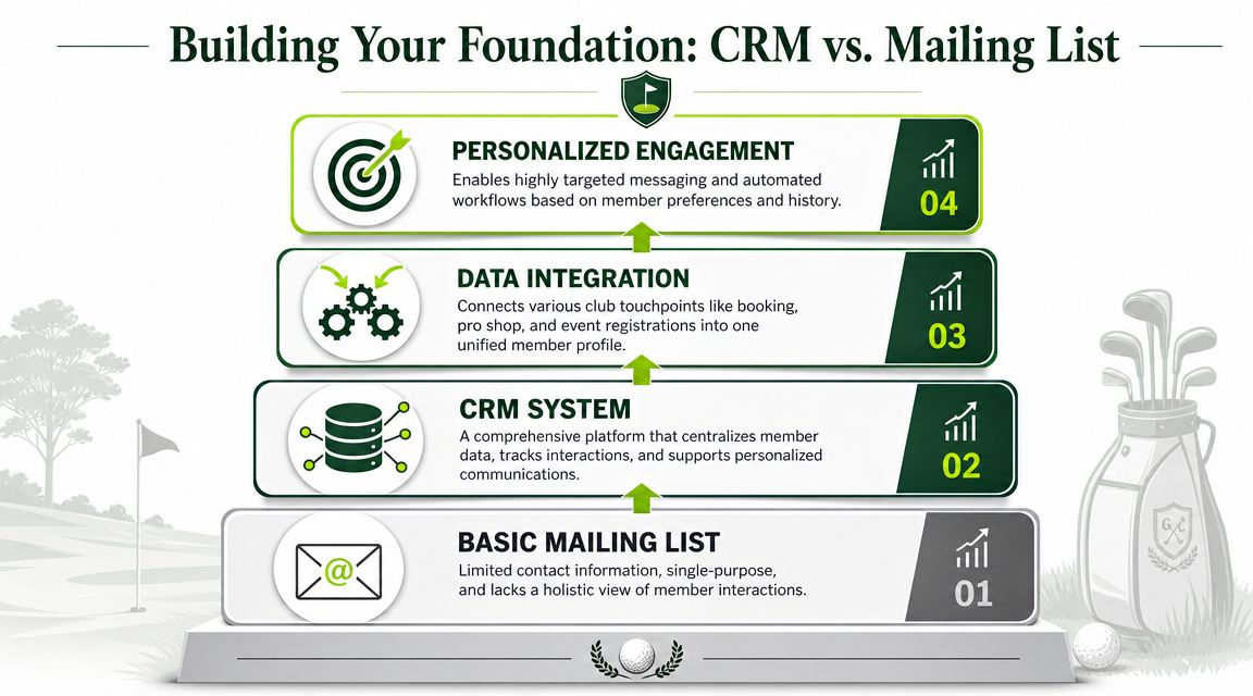 An infographic showing the evolution from a basic mailing list to personalized member engagement CRM systems.