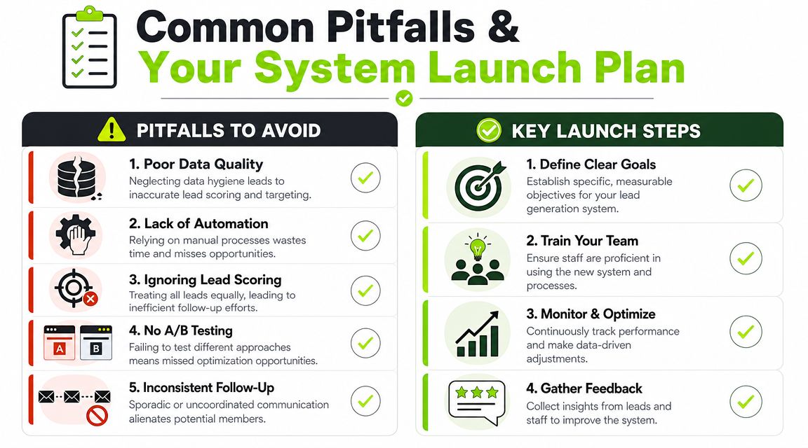 An infographic detailing common pitfalls to avoid and key launch steps for a lead generation system.
