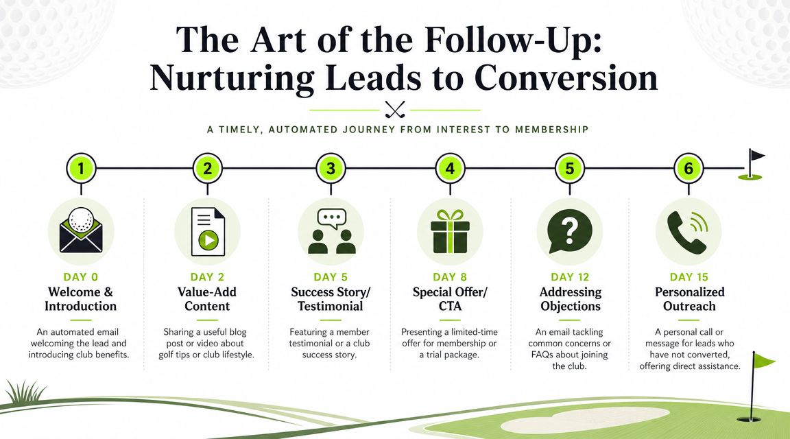 A six-step golf club lead generation timeline showing an automated email and outreach nurturing strategy.