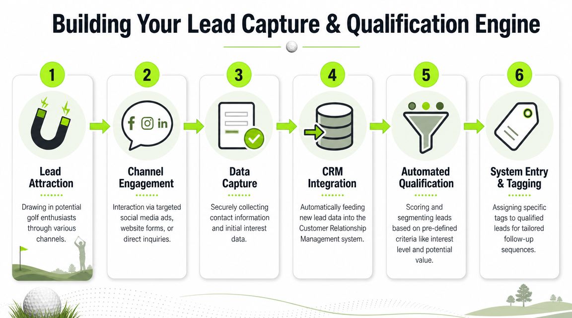 A diagram illustrating the six-step process for building a lead capture and qualification engine for golf businesses.