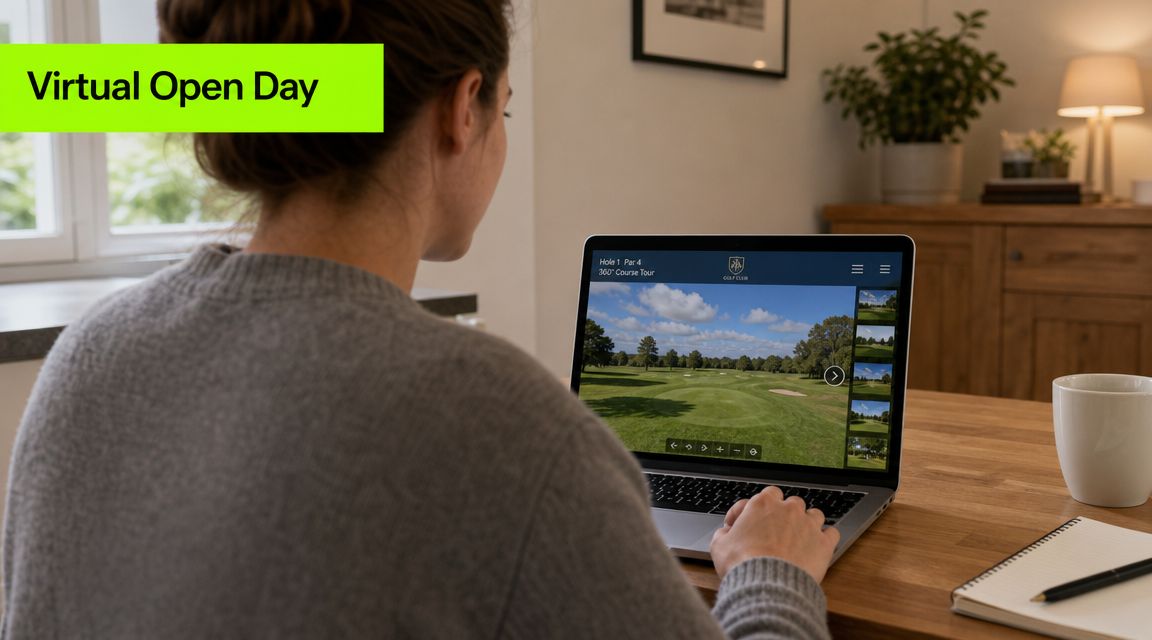 A woman viewing a virtual 360-degree golf course tour on her laptop during a virtual open day.