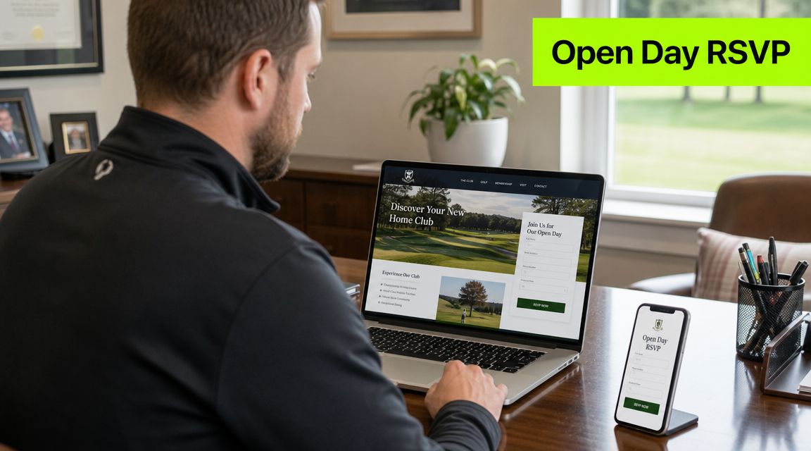 A man using a laptop and smartphone to register for a golf club open day event.