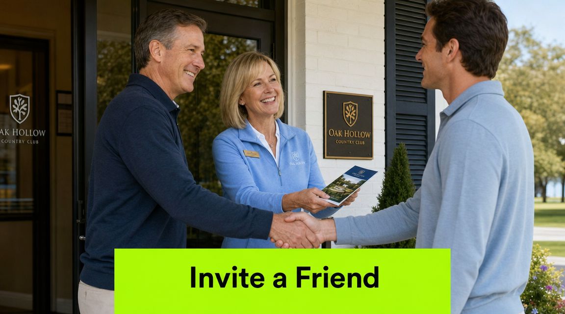 A professional woman in a country club uniform shakes hands with a man while holding a brochure.