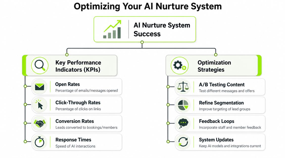 A flow chart outlining key performance indicators and optimization strategies for an AI lead nurture system.