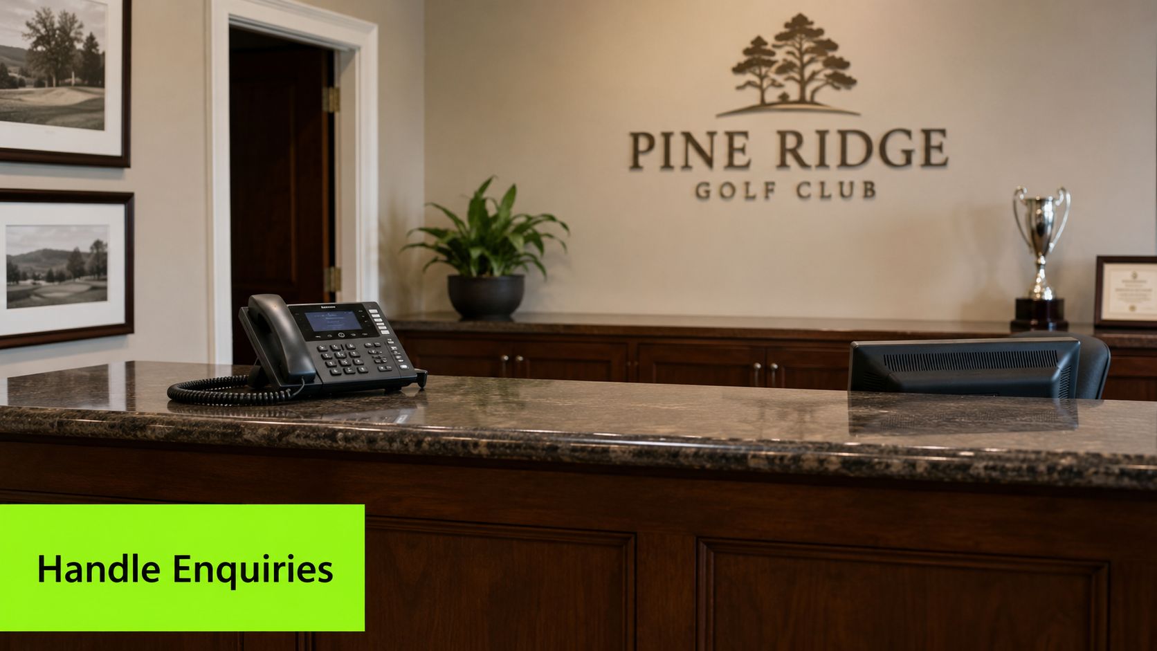 A professional reception desk at Pine Ridge Golf Club with a landline telephone and office equipment.