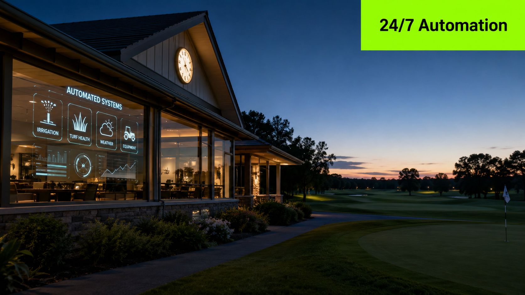 A golf club building at dusk featuring a digital display interface for automated smart facility management.