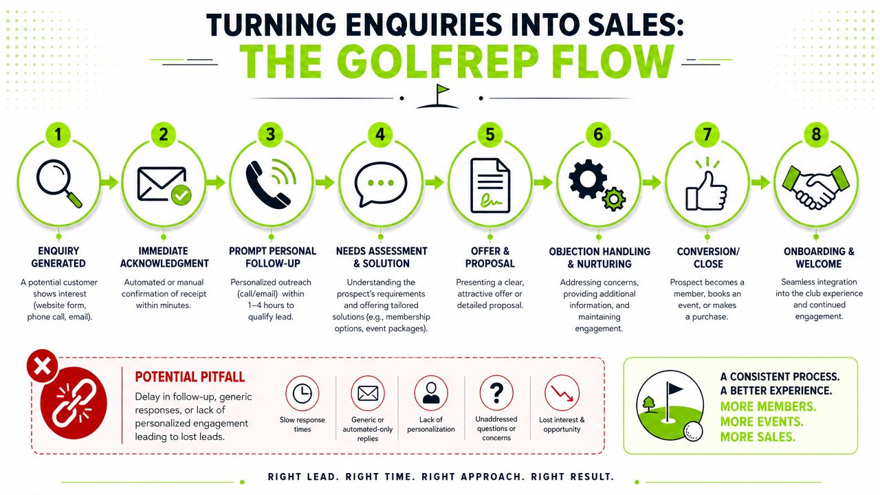 A diagram illustrating the eight steps of the Golfrep Flow for converting sales enquiries into club members.