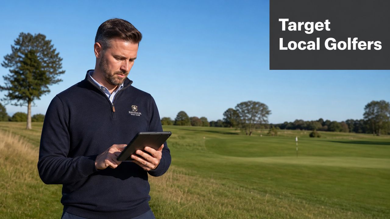 A professional man in golf attire uses a digital tablet outdoors on a sunny golf course.