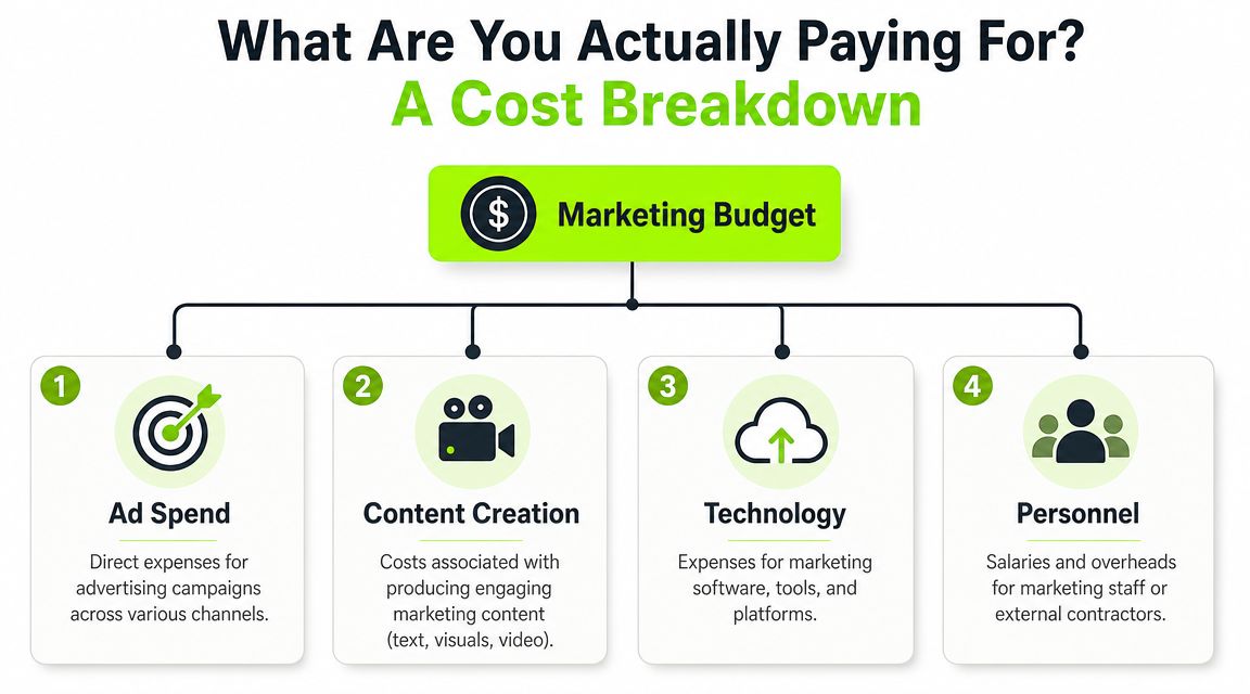 An infographic showing a breakdown of a marketing budget into four key categories: ad spend, content creation, technology, and personnel.