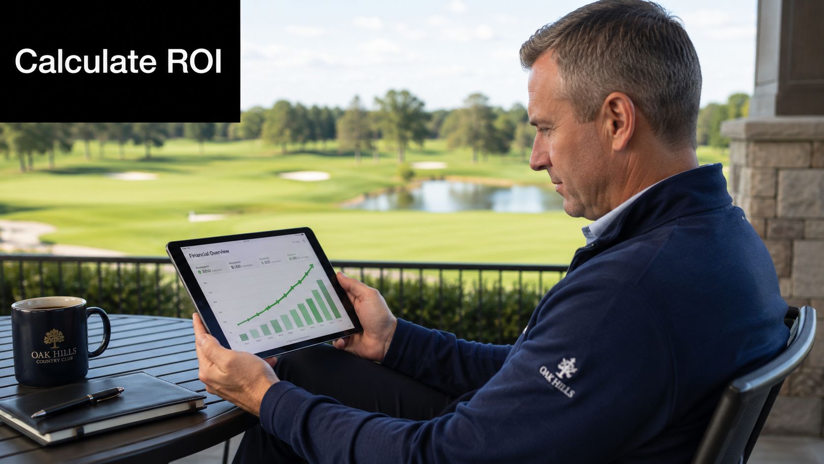 A professional man reviewing financial growth data on a digital tablet at a scenic golf course club.