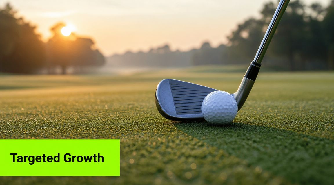 A professional golf club resting on a green course during a scenic sunrise, symbolizing targeted growth.