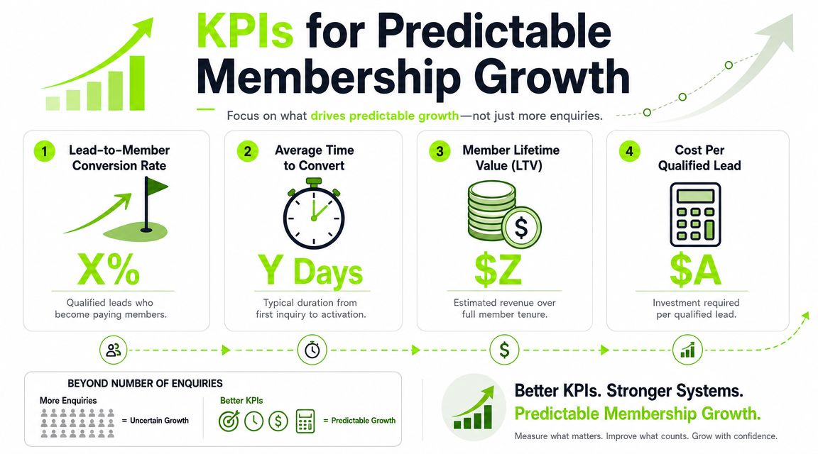 An infographic outlining four essential KPIs for tracking and achieving predictable membership growth for businesses.