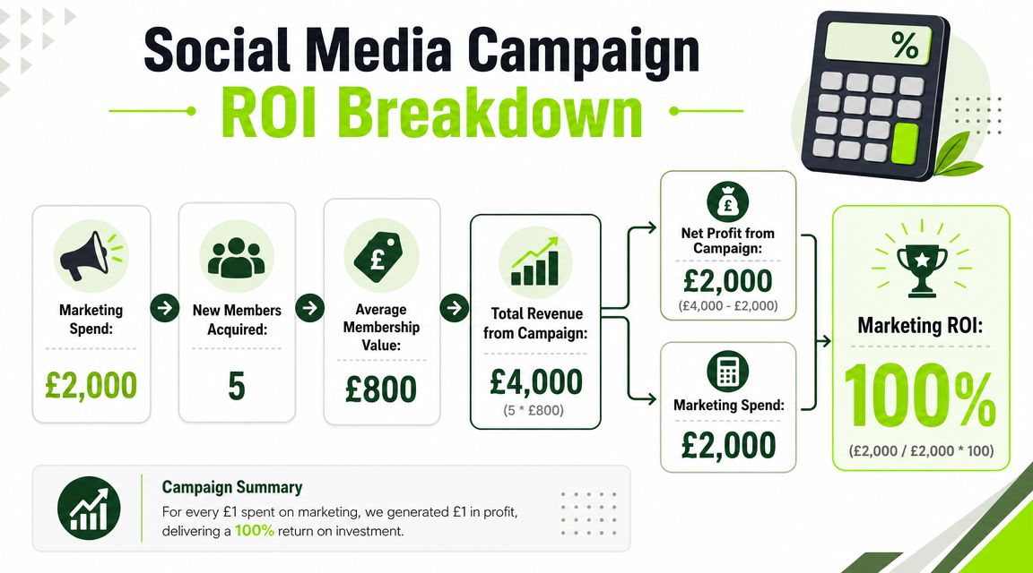 A visual breakdown of a social media marketing campaign ROI, showing how £2,000 spend generated 100% return.