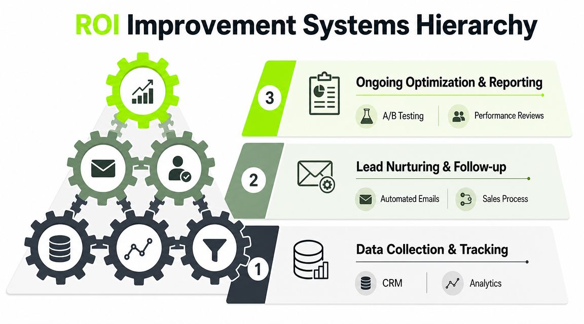 A hierarchical diagram illustrating the three-tier system for improving marketing ROI through data, nurturing, and optimization.