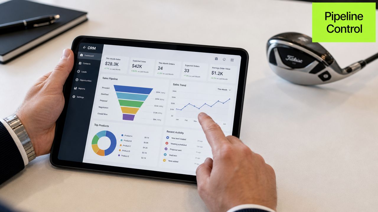 A person using a tablet to view a CRM dashboard showing sales pipeline metrics and analytics.