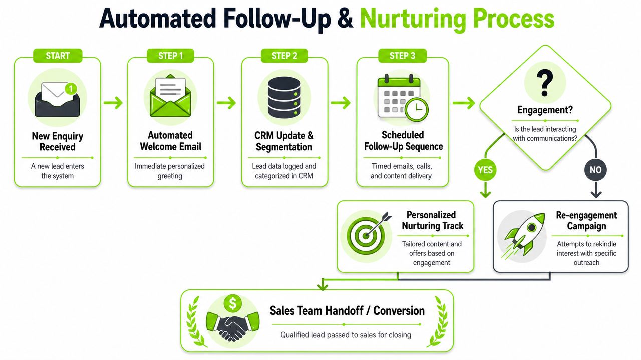 A flowchart showing an automated sales follow-up and lead nurturing process, from inquiry to conversion.