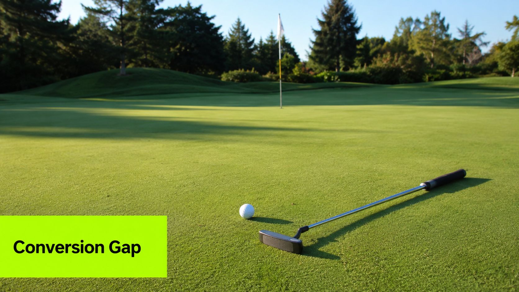 A golf ball and putter sit on a vibrant green golf course with a flag in distance.