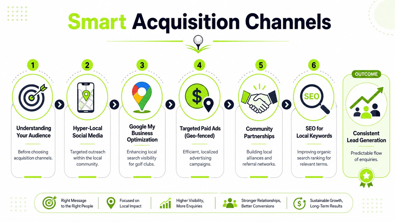 An infographic showing six smart acquisition channels for effective golf club marketing strategies and business growth.