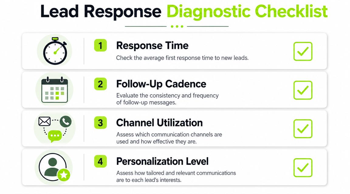 A diagnostic checklist infographic for lead response, including response time, follow-up cadence, channel utilization, and personalization level.