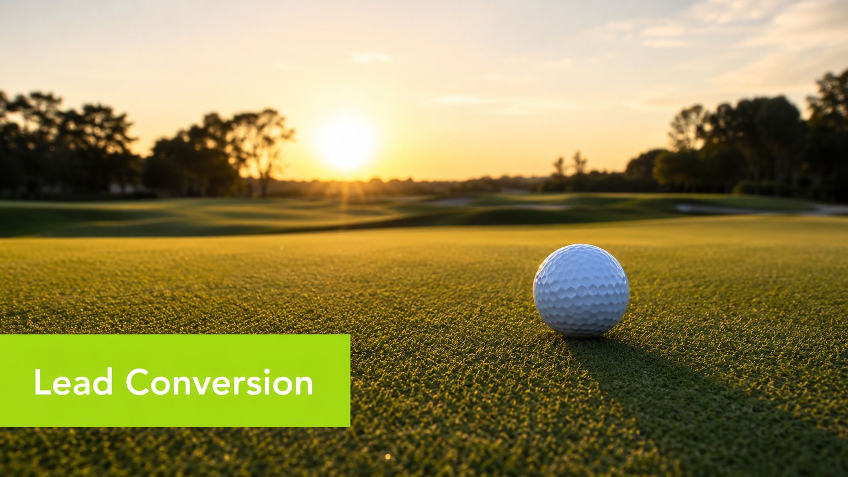 A single golf ball sits on a lush green putting green during a scenic golden sunset.