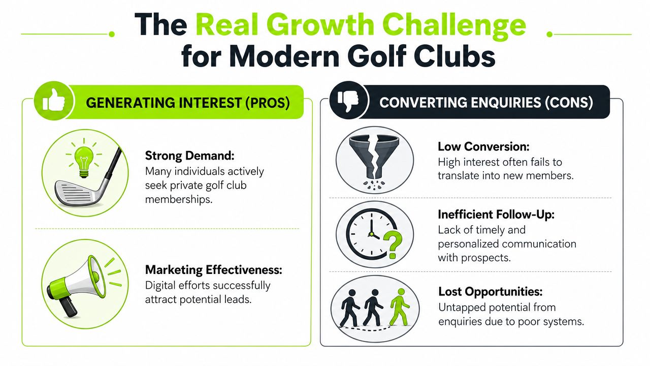 An infographic titled The Real Growth Challenge for Modern Golf Clubs showing pros of interest versus conversion cons.