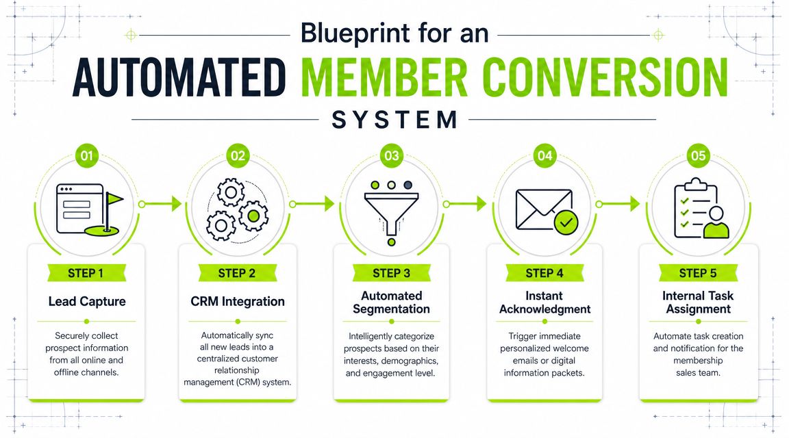 A five-step flowchart illustrating a blueprint for an automated member conversion system for business growth.
