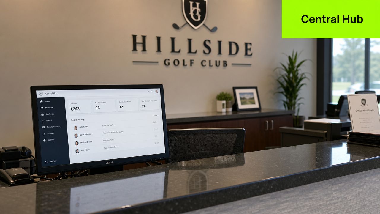 A computer screen showing a golf club management dashboard at a Hillside Golf Club reception desk.